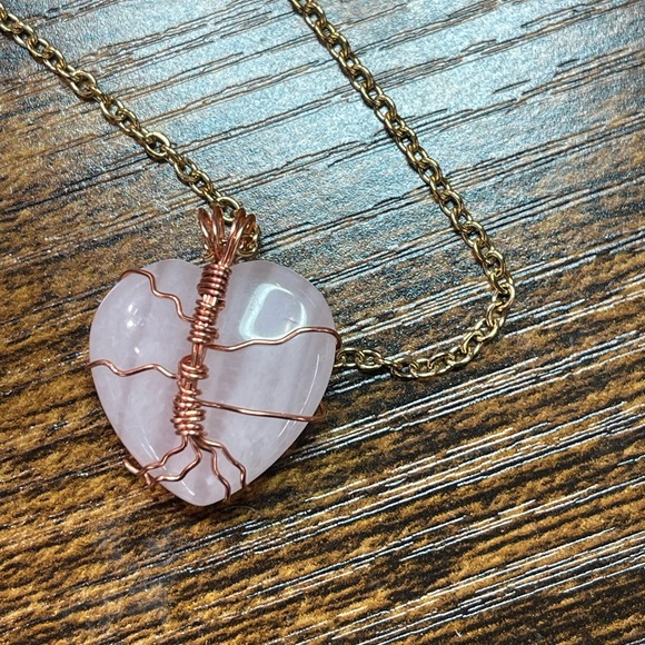 Tree of Life Rose Quartz Heart Necklace - Picture 2 of 2